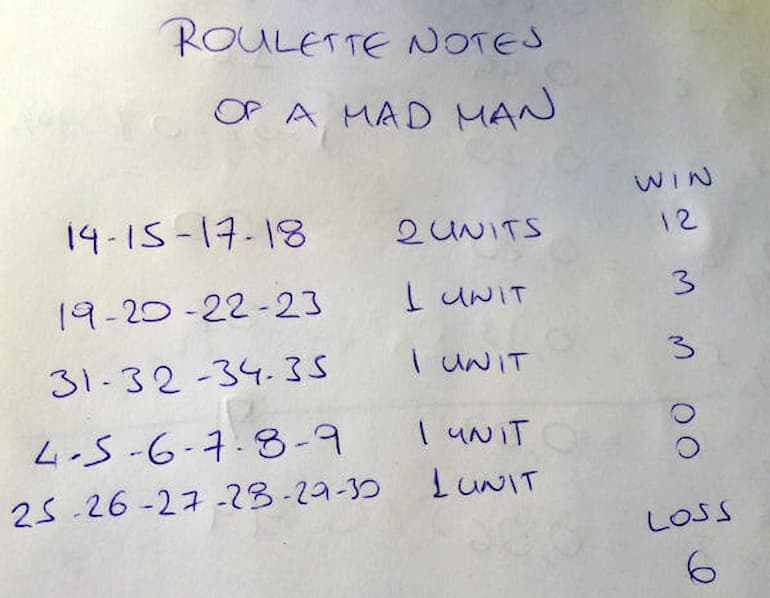 Lo schemino cartaceo con i miei calcoli sul sistema 4 Pilastri per roulette!