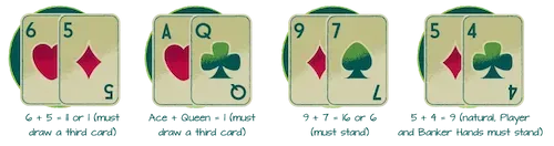 6+5=11 o 1 (bisogna ricevere una terza carta) Asso+Donna=1 (bisogna ricevere una terza carta